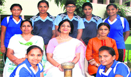 The team of BD Arya Girls College, which represented Punjab in tug-of-war competition and got silver medal, with the college principal in Jalandhar.