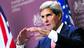 US Secretary of State John Kerry speaks during a news conference in London.on Monday.