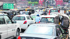 A huge traffic jam at the Hall Gate during the visit of Deputy Chief Minister Sukhbir Singh Badal in Amritsar on Tuesday.