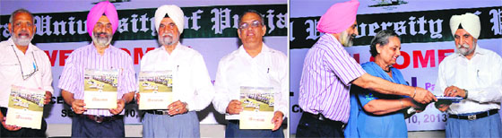(Left) SS Johl, chancellor , Central University Punjab releases a brochure on the museum; and SS Johl and Dr Jai Rup Singh, vice-chancellor, CUP, launch a book by renowned zoologist Pushpinder Kaur at a function held on CUP campus in Bathinda on Tuesday. 