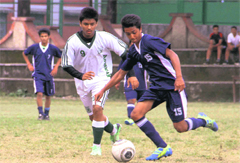 A match being played during the Inter-School Senior Council Football Tournament at St Josephs Academy in Dehradun on Tuesday. Tribune photo: Vinod Pundir