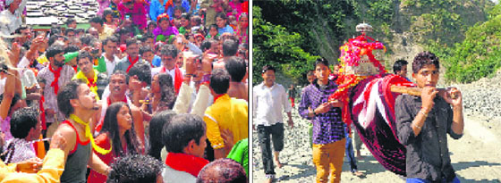 Devotees dance during the Mahasu Raghunath Jaagdaa celebrations in Birdo village on Tuesday; and (right) the devout carry the palanquin of Mahasu Raghunath to the Yamuna river for a traditonal bath. 