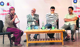 Members of the jury during the documentary film festival at Government Degree College, Baramulla, on Tuesday.