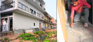 Exposed foundation of a house at Dadu Majra; and (right) a man shows a crack in the floor of his house. 
