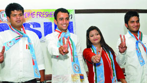 NSUI candidates release the party manifesto for the Delhi University election in New Delhi on Wednesday. 