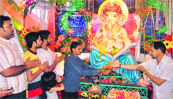 A beautifully decorated pandal of Lord Ganesha at Hanuman ghat along the Ganga in Haridwar on Wednesday. Tribune photo: Rameshwar Gaur