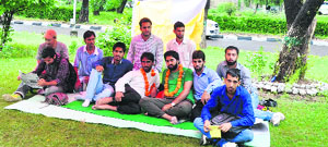 Members of the Gujjar Bakerwal Students Welfare Association on the second day of their hunger strike on the Jammu University campus on Wednesday. 