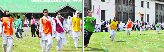 Girls take part in a  lemon race; and (right) girls participate in a race competition at Government Womens College in Srinagar on Wednesday. 