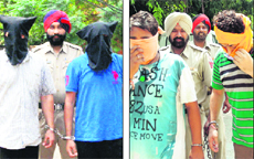 Ripudaman Singh and Balwinder Singh, from whom 1 kg heroin was recovered; and (right) Manjit Singh and Pankaj, from whom 1 kg narcotic powder was recovered, in police net in Amritsar on Thursday. 