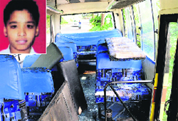 The damaged school bus of the DPS that met with an accident in Pinjore on Thursday; and (inset) the victim, Manav. Tribune photo: Manoj Mahajan