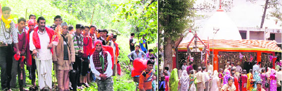 Villagers take an idol of Goddess Nanda for the annual Nanda Devi festival in Pithoragarh on Thursday; and devotees at the Nanda Devi temple at Kot Bharamari in Pithoragarh.