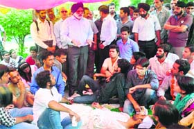 VC, Jammu University MPS Ishar meets students on a hunger strike at Jammu University campus on Thursday