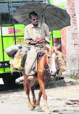 Leisure ride: A milkman holds an umbrella to protect himself from the sun at Bhatindi on the outskirts of jammu on Thursday