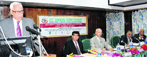 Governor NN Vohra addresses a conference in Srinagar on Thursday.