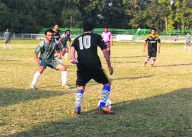 Player in action during the J&K State Power Development Corporation Annual League Football Tournament in Srinagar on Thursday