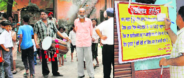 A public announcement being made with the help of a dhol wala; and (right) an MC employee pastes an attachment notice on a shop in Ludhiana.