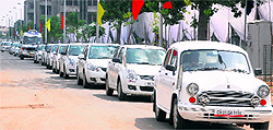 A convoy moves at Dhanas during a rehearsal for the Prime Ministers visit to the city, on Friday