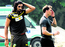 Sunrisers Hyderabad pacers Ishant Sharma and Dale Steyn during a practice session at the PCA Stadium in Mohali on Friday