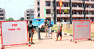 Workers put up barricades near the venue of the Prime Ministers function on Friday