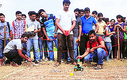 Students display their instruments at the University Institute of Engineering and Technology in Chandigarh on Friday