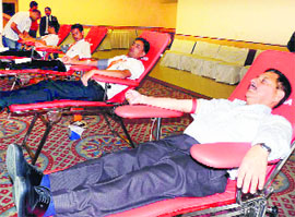 A blood donation camp organised by the Mahar Institute of Hospitality in Dehradun on Friday. 