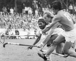 India's Surjit Singh vies with Netherland's Jeroen Zweeta and Wouter Leefers in the final of the second World Cup in Amsterdam in 1973.