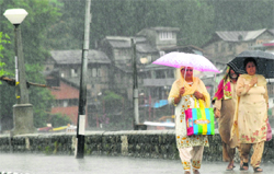 People walk with umbrellas near Dal Lake in Srinagar on Friday. Tribune photo: Amin War 
