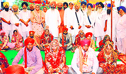 Mass marriages being solemnised at Gurdwara Tahli Sahib to mark the birth anniversary of Baba Sri Chand Ji in Amritsar on Saturday