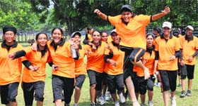 Girls of the Guru Nanak Khalsa College for Women, Gujarkhan Campus, Ludhiana, in a jubilant mood after winning the Inter-College Baseball Tournament at Panjab University in Chandigarh on Saturday.
