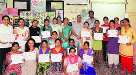 Winners of the Bharat ka Setu - Hindi theme competition during the Hindi Diwas celebrations at the Dev Samaj College of Education, Sector 36, Chandigarh, on Saturday.