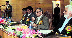 Dignitaries share the dais at the National Science Day-2013 on the University of Kashmir campus on Saturday