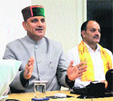KCCB Chairman Jagdish Sipaiya addresses a press conference in Kangra on Saturday.