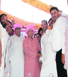 HPCC chief Phool Chand Mullana, Chief Minister Bhupinder Singh Hooda and MP Naveen Jindal at a rally in Radaur on Sunday. 