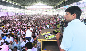 Rohtak MP Deepender Singh Hooda addresses Vikas Samman Rally at Kharkhoda on Sunday. 
