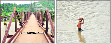 The construction of bridge on the Tawi river at Katal Batal village is yet to be completed; and (right) a man crosses the river in the absence of a functional bridge on Sunday.