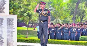 Lt Gen Philip Campose, GOC-in-C, Western Command, at Veer Smriti war memorial in Chandimandir on Sunday.