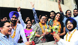 Leaders of Akhil Bharatiya Vidyarthi Parishad celebrate the success of the organisation in the student council polls at Panjab University on Monday. 
