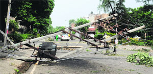 An uprooted transformer at Phase IV in Mohali on Monday. 
