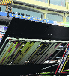 The sightscreen which fell in a storm on Sunday evening at the PCA stadium in Mohali. 