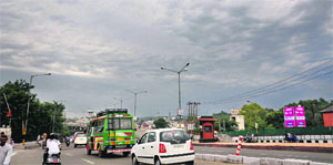 Dark clouds over the Flyover Bridge in Jammu on Monday.