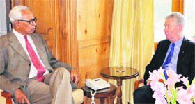 Canadian High Commissioner to India Stewart Beck with Governor N N Vohra at Raj Bhawan in Srinagar on Monday.