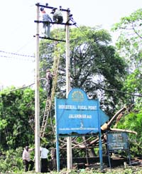 Linesmen rectify faults in power connections in Jalandhar.