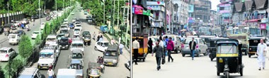 Motorists are back on the roads; and (right) Lal Chowk buzzes with activity in Srinagar on Monday.