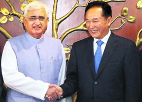 External Affairs Minister Salman Khurshid with Chinas Minister of the State Council Information Office Cai Mingzhao in New Delhi on Monday