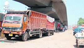 Trucks parked near Gurudwara Baba Phoola Singh in Amritsar on Tuesday.