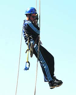 A participant in a search and rescue training programme held at the Himalayan Adventure Training Centre at Kempty, near Mussoorie, on Tuesday.