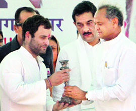 Congress vice-president Rahul Gandhi is welcomed by Rajasthan CM Ashok Gehlot at a rally in Kota.  PTI