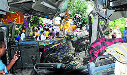 The mangled remains of the bus that collided with a truck near Kharar on Tuesday