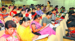 Teachers take part in a capacity-building programme at Bhavans SL Public School in Amritsar on Wednesday