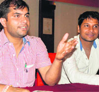 Ram Vishal Dev of the youth forum talks to the media in Haridwar on Wednesday. 